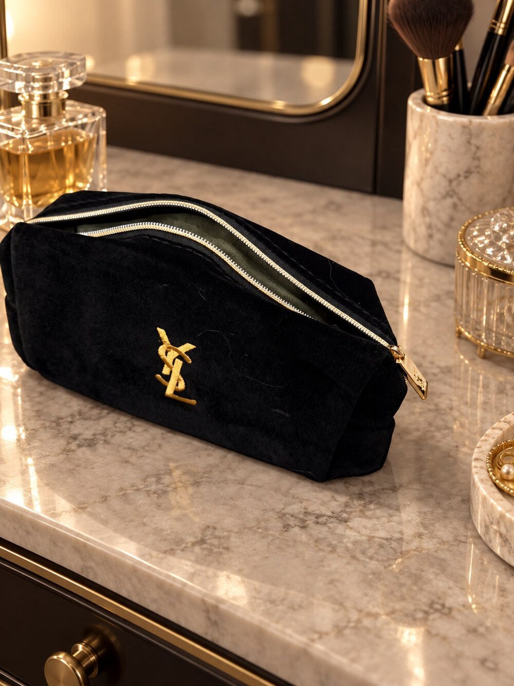Yves Saint Laurent Black Velvet Makeup Bag | Velvet Cosmetic Organizer - Picture 2 of 6